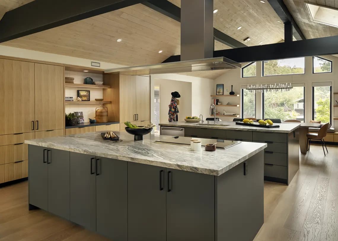 Modern kitchen with grey cabinets and quartz countertop